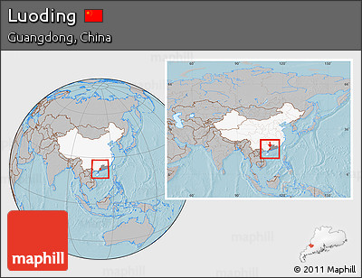 Gray Location Map of Luoding, highlighted country, highlighted parent region, within the entire country, hill shading