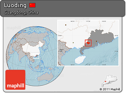 Gray Location Map of Luoding, highlighted country, highlighted parent region, hill shading
