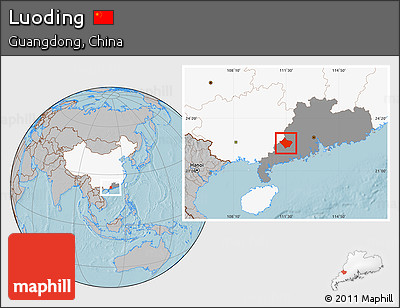 Gray Location Map of Luoding, highlighted country, highlighted parent region, hill shading