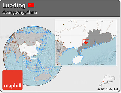 Gray Location Map of Luoding, highlighted country, highlighted parent region, hill shading