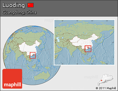 Savanna Style Location Map of Luoding, highlighted country, highlighted parent region, within the entire country, hill shading