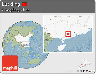 Savanna Style Location Map of Luoding, highlighted country, hill shading