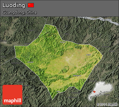 Satellite Map of Luoding, darken, semi-desaturated