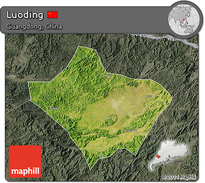 Satellite Map of Luoding, darken, semi-desaturated