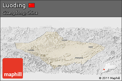 Shaded Relief Panoramic Map of Luoding, lighten, desaturated