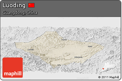 Shaded Relief Panoramic Map of Luoding, lighten, desaturated
