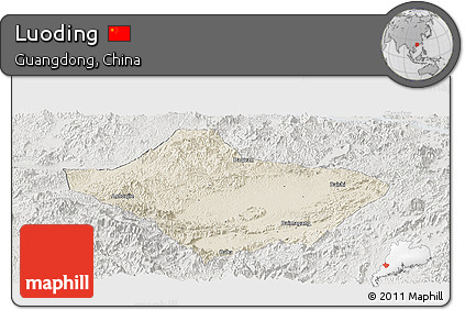 Shaded Relief Panoramic Map of Luoding, lighten, semi-desaturated