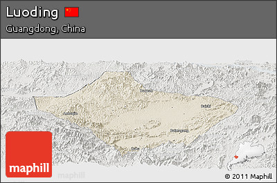 Shaded Relief Panoramic Map of Luoding, lighten, semi-desaturated