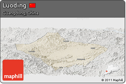 Shaded Relief Panoramic Map of Luoding, lighten, semi-desaturated
