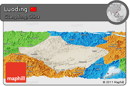 Shaded Relief Panoramic Map of Luoding, political outside
