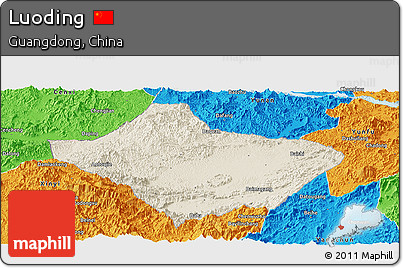 Shaded Relief Panoramic Map of Luoding, political outside