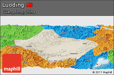 Shaded Relief Panoramic Map of Luoding, political outside