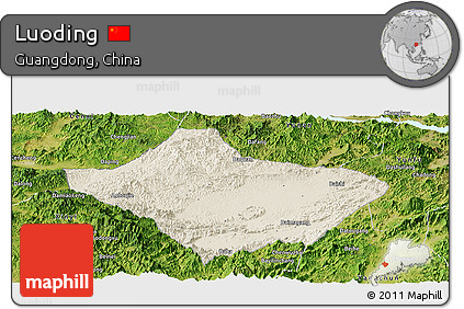 Shaded Relief Panoramic Map of Luoding, satellite outside