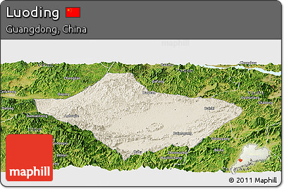 Shaded Relief Panoramic Map of Luoding, satellite outside