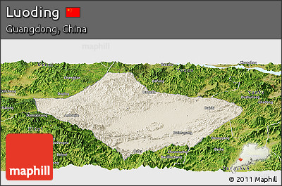 Shaded Relief Panoramic Map of Luoding, satellite outside