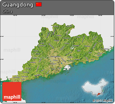 Satellite Map of Guangdong, single color outside