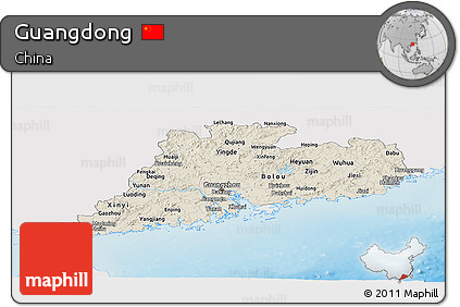 Shaded Relief Panoramic Map of Guangdong, single color outside