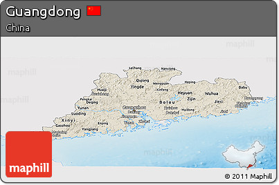 Shaded Relief Panoramic Map of Guangdong, single color outside