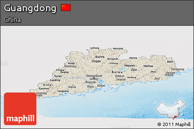 Shaded Relief Panoramic Map of Guangdong, single color outside