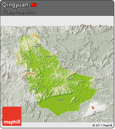 Physical 3D Map of Qingyuan, lighten, semi-desaturated