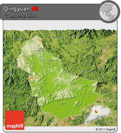 Physical 3D Map of Qingyuan, satellite outside