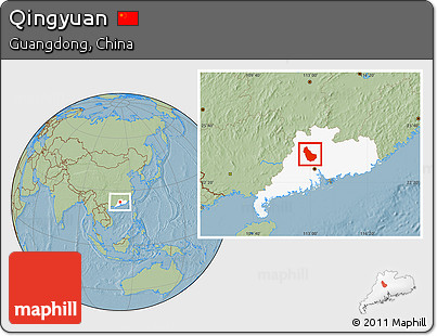 Savanna Style Location Map of Qingyuan, highlighted parent region, hill shading