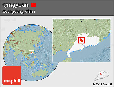 Savanna Style Location Map of Qingyuan, highlighted parent region, hill shading