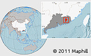 Gray Location Map of Wuhua, highlighted country, highlighted parent region, hill shading