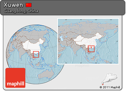 Gray Location Map of Xuwen, highlighted country, within the entire country, hill shading