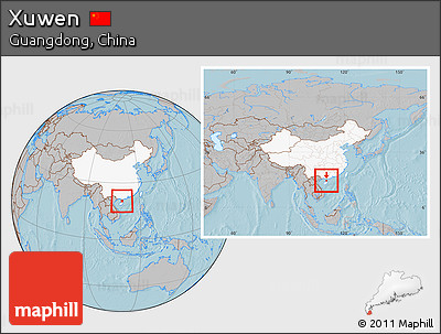 Gray Location Map of Xuwen, highlighted country, within the entire country, hill shading