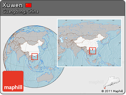 Gray Location Map of Xuwen, highlighted country, within the entire country, hill shading