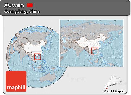 Gray Location Map of Xuwen, highlighted country, highlighted parent region, within the entire country, hill shading
