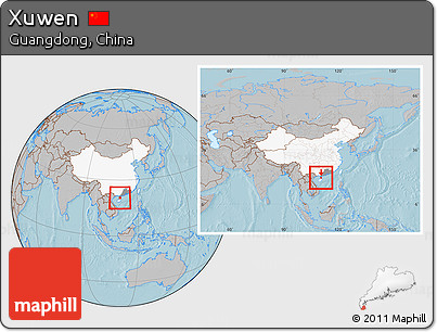 Gray Location Map of Xuwen, highlighted country, highlighted parent region, within the entire country, hill shading
