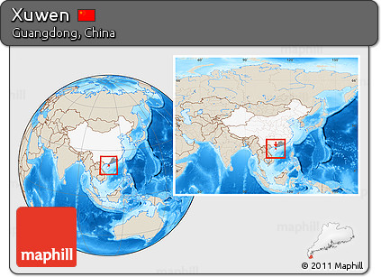 Shaded Relief Location Map of Xuwen, highlighted country, highlighted parent region, within the entire country