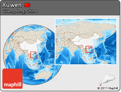 Shaded Relief Location Map of Xuwen, highlighted country, highlighted parent region, within the entire country