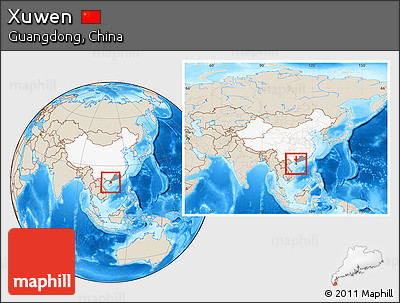 Shaded Relief Location Map of Xuwen, highlighted country, highlighted parent region, within the entire country