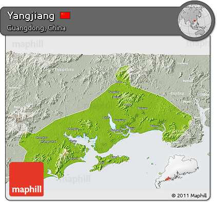 Physical 3D Map of Yangjiang, lighten, semi-desaturated