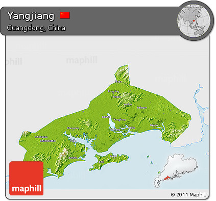 Physical 3D Map of Yangjiang, single color outside