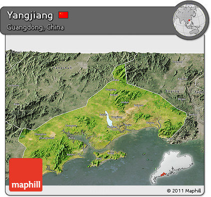 Satellite 3D Map of Yangjiang, semi-desaturated