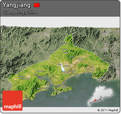 Satellite 3D Map of Yangjiang, semi-desaturated