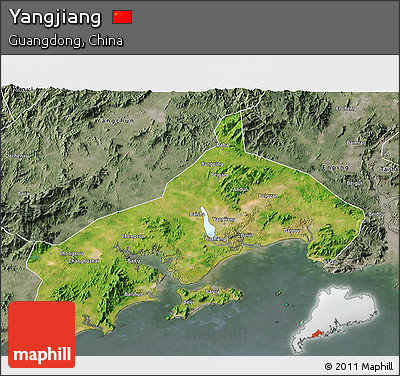 Satellite 3D Map of Yangjiang, semi-desaturated
