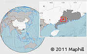 Gray Location Map of Yunfu, highlighted country, highlighted parent region, hill shading