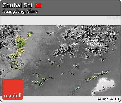 Satellite 3D Map of Zhuhai Shi, desaturated