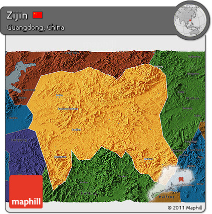 Political 3D Map of Zijin, darken