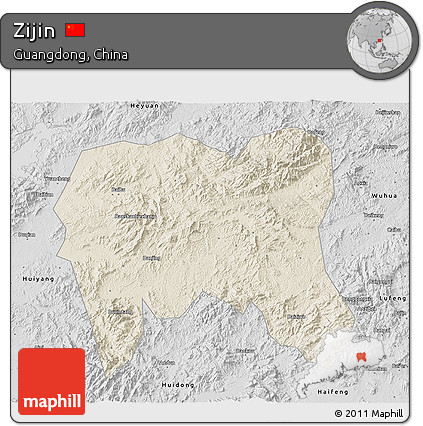 Shaded Relief 3D Map of Zijin, desaturated