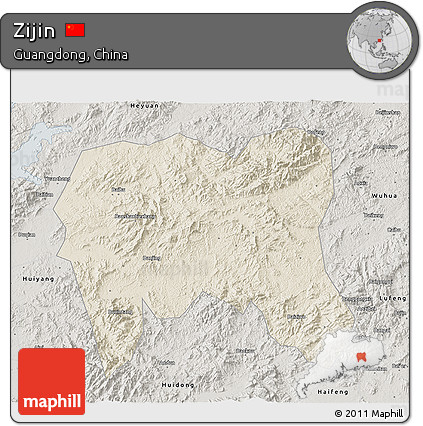 Shaded Relief 3D Map of Zijin, semi-desaturated