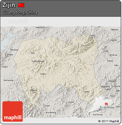 Shaded Relief 3D Map of Zijin, semi-desaturated
