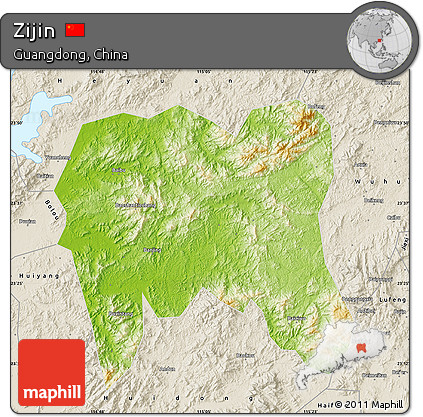 Physical Map of Zijin, shaded relief outside