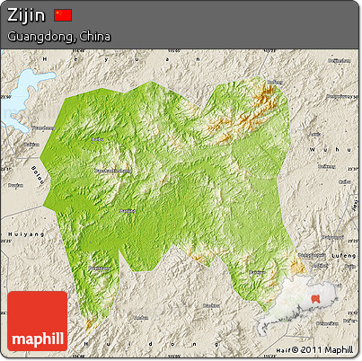 Physical Map of Zijin, shaded relief outside