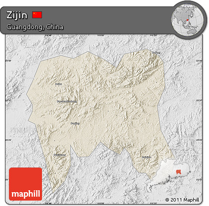 Shaded Relief Map of Zijin, lighten, desaturated
